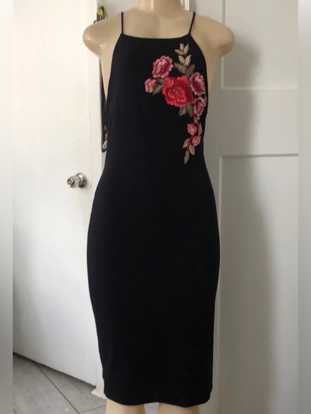 Black Midi Slip Dress with Red Floral Embroidery